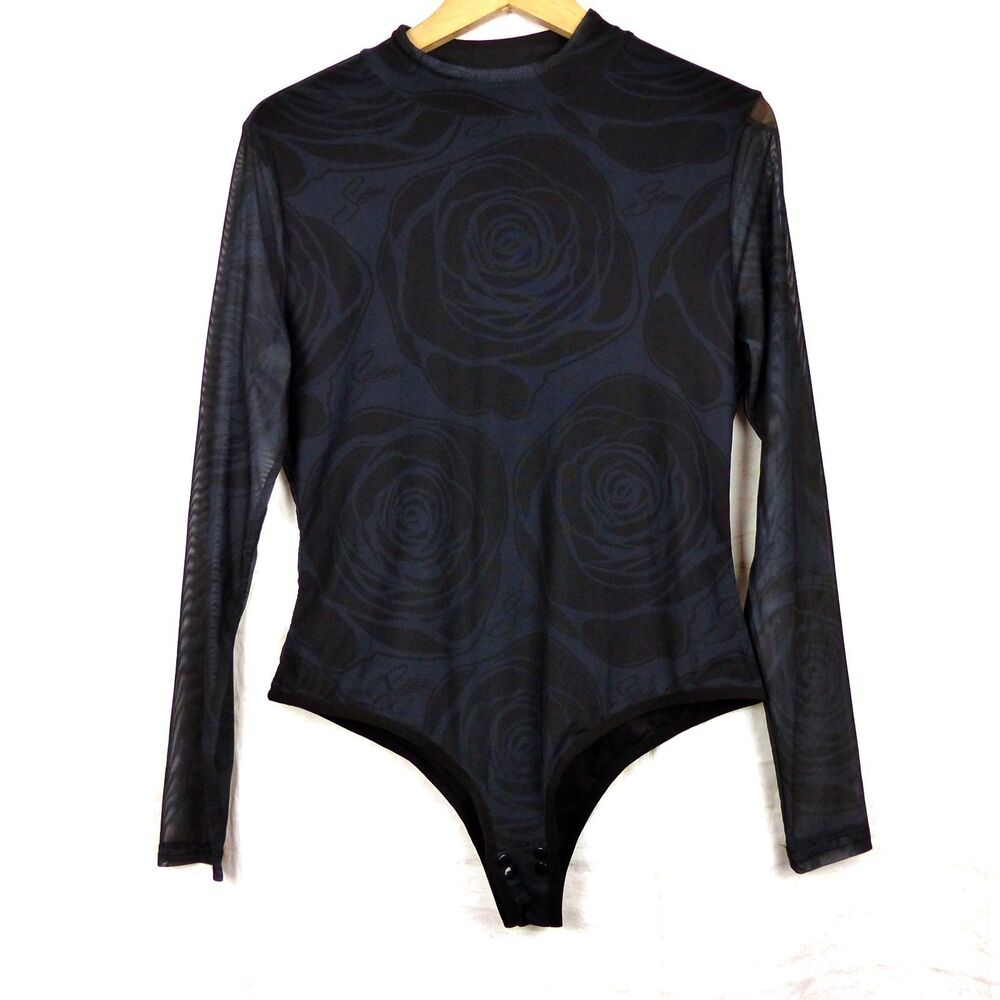 Selena Quintanilla Rose Mesh Bodysuit Women XXL 2XL Black Navy Sheer Long Sleeve